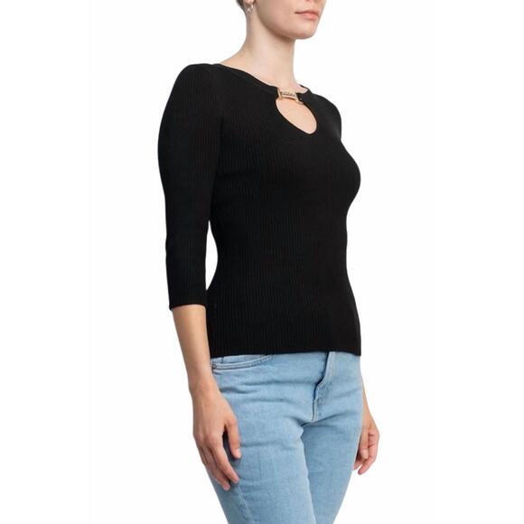 NEW CARMEN MARC VALVO boat neck cutout front 3/4 sleeve ribbed pullover knit top - Picture 3 of 4